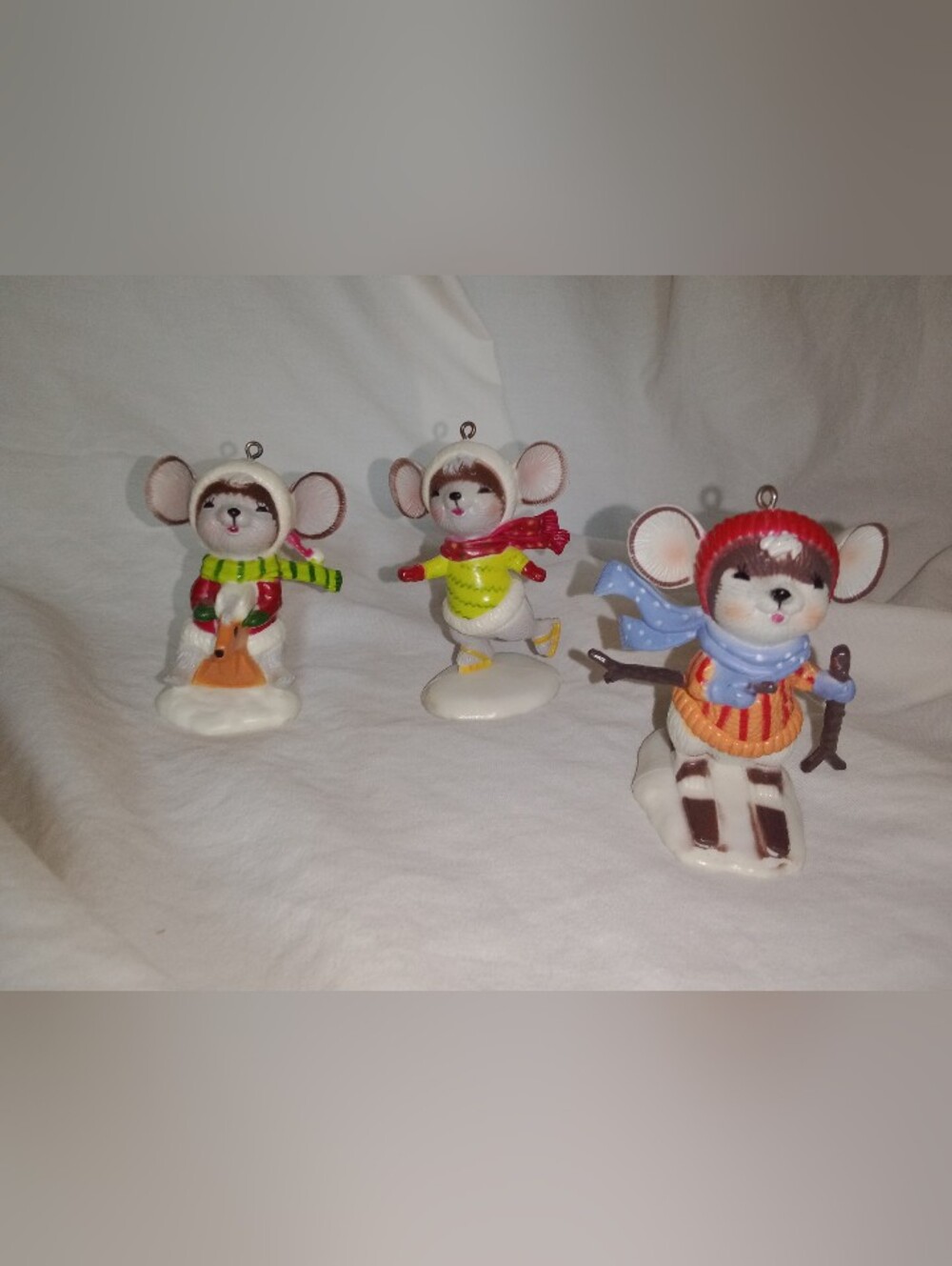 Vintage Christmas Mice Tree Ornaments Skiing Ice Skating Sledding Set Of 3 Mouse